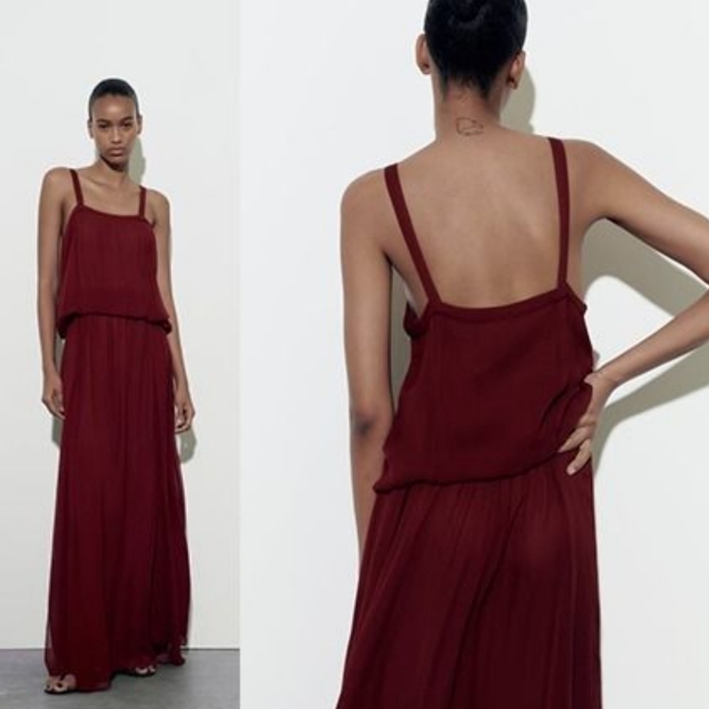 Zara Limited Edition Burgundy Chiffon Maxi Dress Size Small
